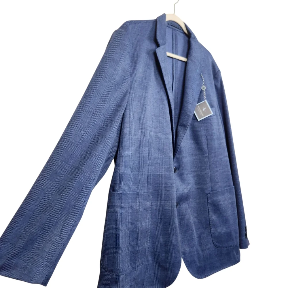 Tailorbyrd Collection NWT Denim Blue Plaid Sports Coat Blazer Mens Size 48L